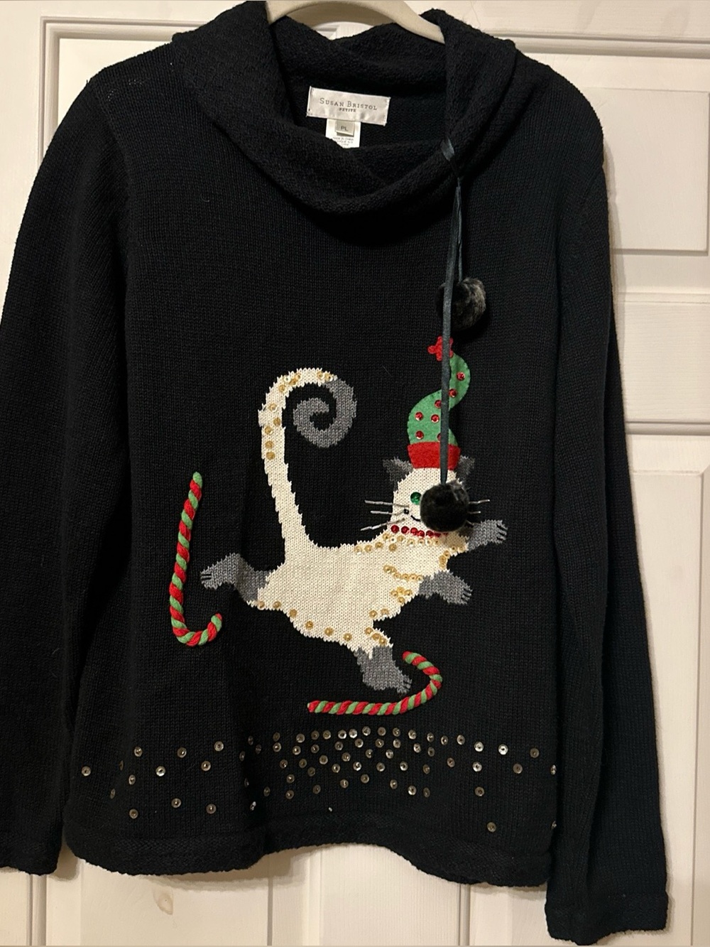 Susan Bristol Black Cowl-Neck Holiday Cat Sweater with Pom-Poms